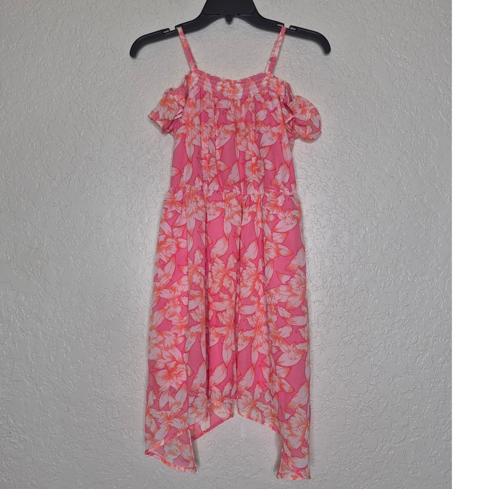 The Childrens Place Girls Pink Floral Cold Shoulder Handkerchief Hem Dress 10/12